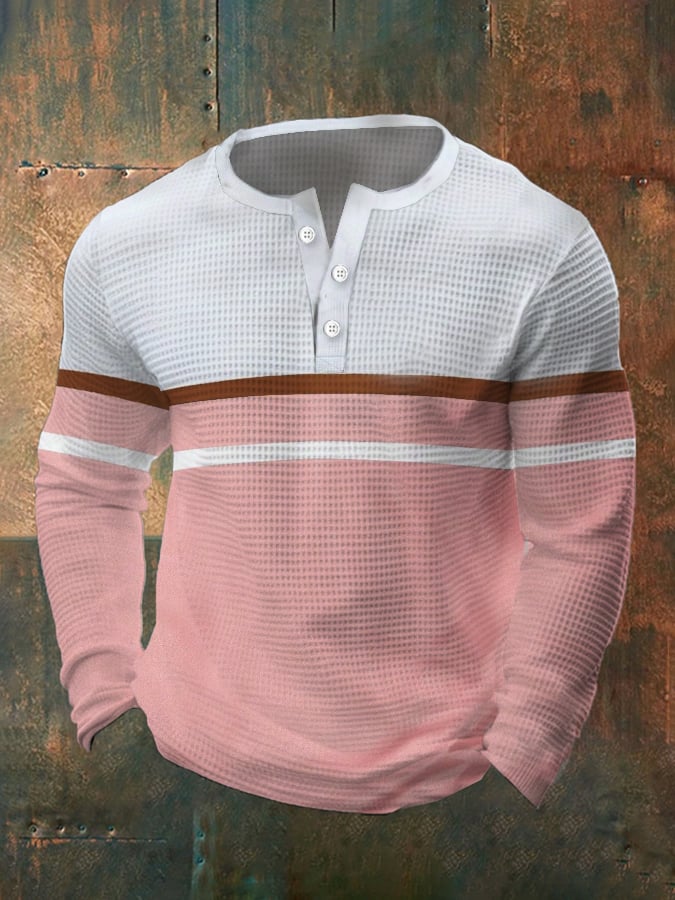 Camiseta vintage Waffle Color Patch Henley Neck para hombre