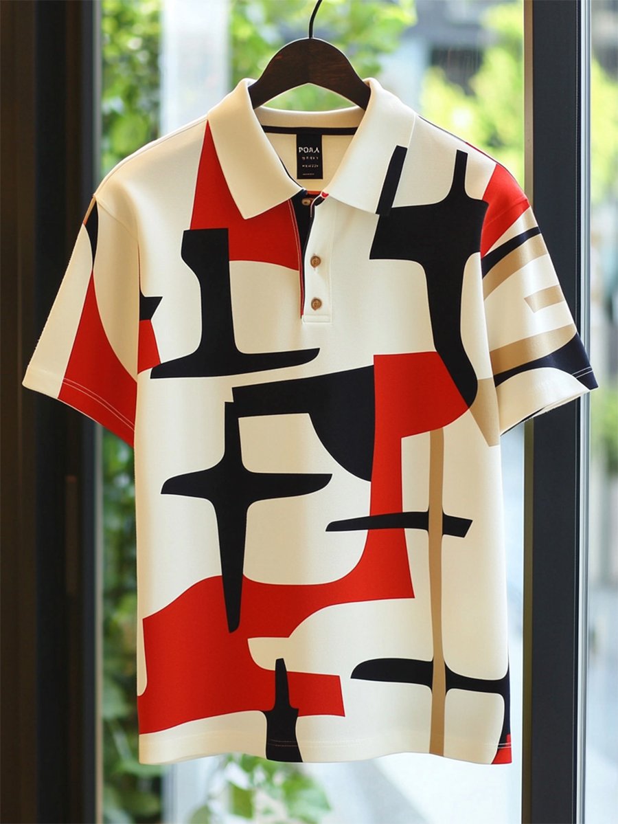Camisa polo vintage casual Bauhaus Geometric Art Button de manga corta para hombre