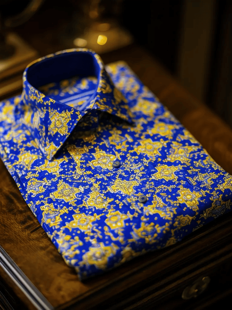 Camisa de lujo Romantic Contrast Color estampado de manga larga para hombre