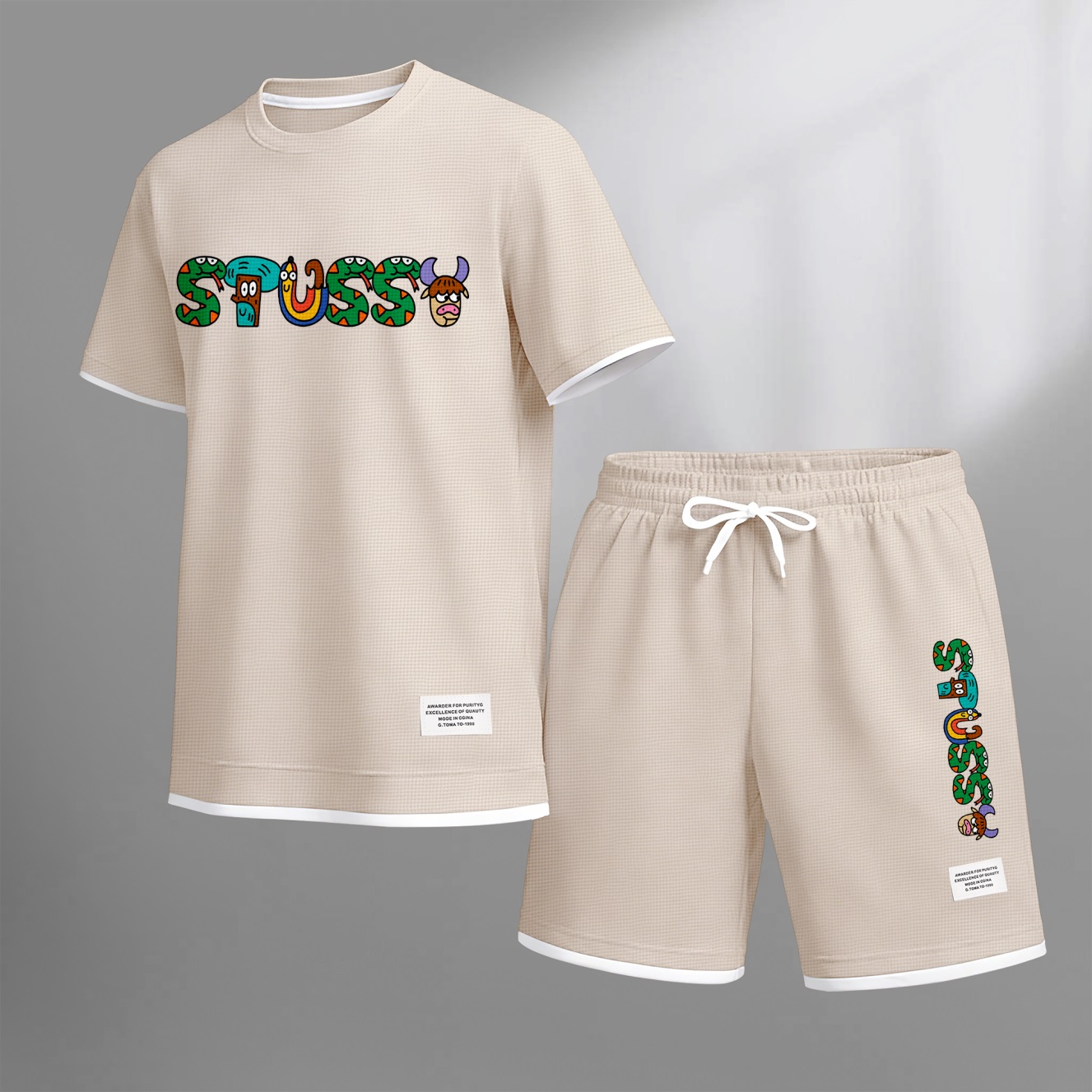 Camisa Y2K Cartoon estampado Waffle Fabric de manga corta And shorts Set para hombre
