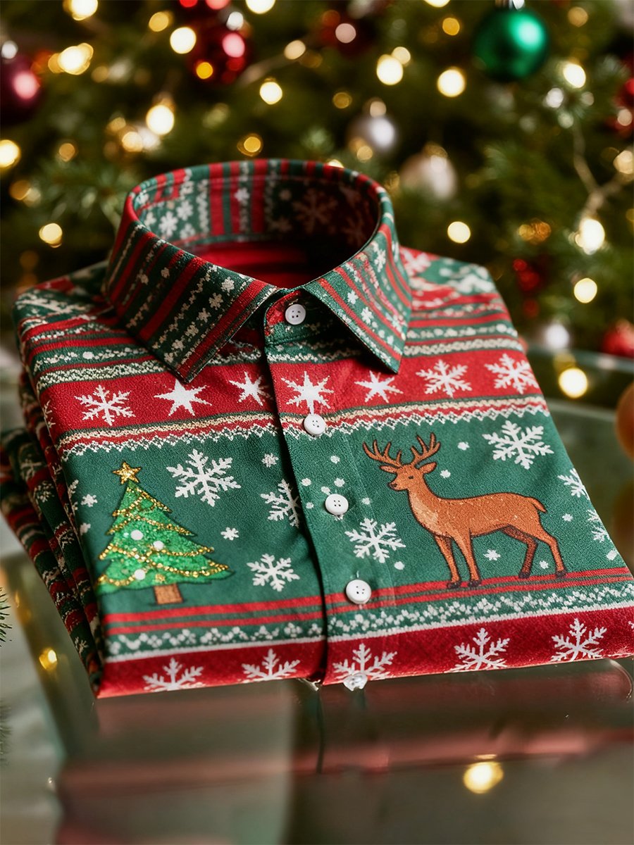Camisa Christmas de manga larga con botones para hombre