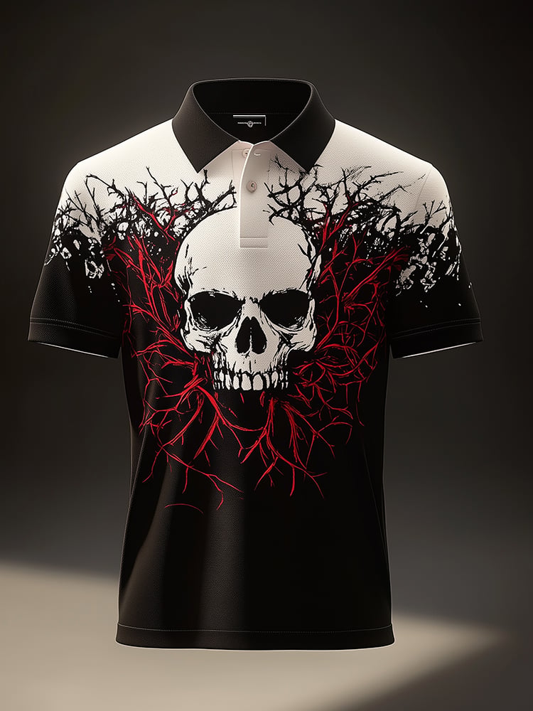 Camisa polo ejecutivo casual Skull estampado con botones para hombre