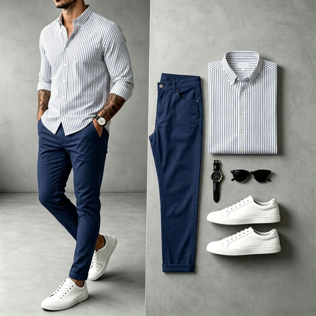 Camisa a rayas de manga larga and pantalón Set para hombre