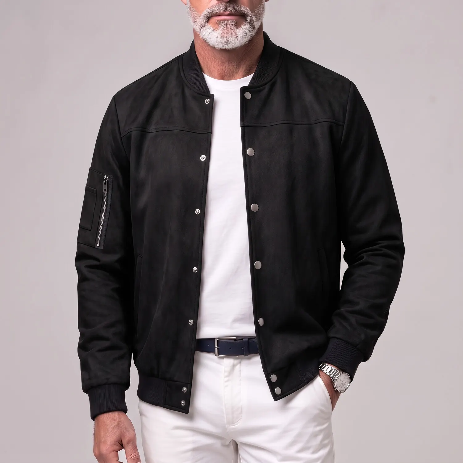 para hombre Suede Stand Collar Zipper Pocket Snap Button casual Bomber chaqueta