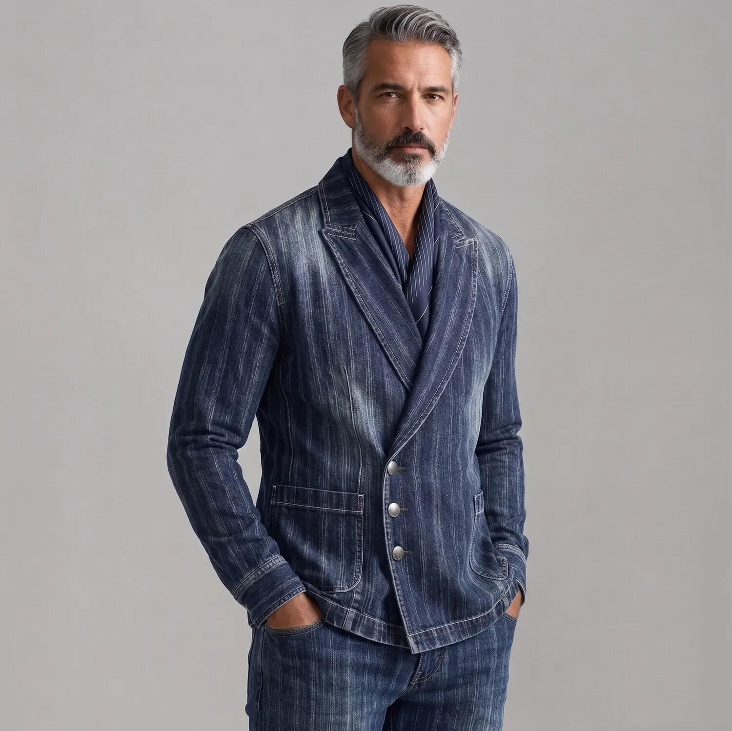 para hombre Navy Blue a rayas Denim Peak Lapel Asymmetric Single Breasted saco
