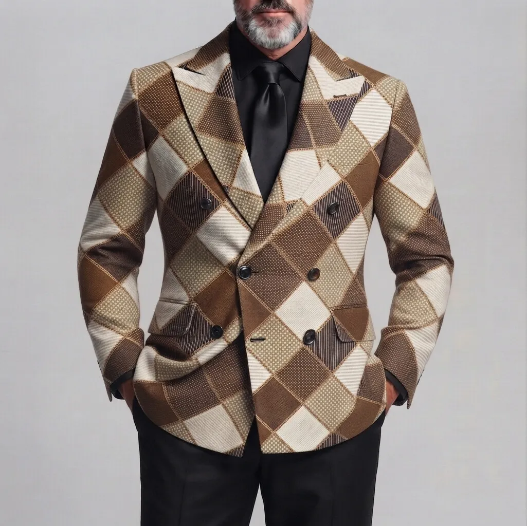 para hombre ejecutivo casual Colorblock Plaid Print Peak Lapel Double-Breasted de corte entallado saco