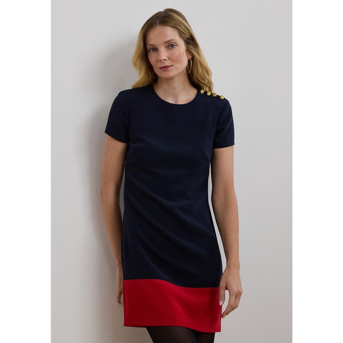 Two Tone Button Trim Crepe Shift Dress - 3