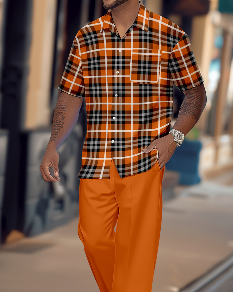 Camisa retro a cuadros Colorblock de manga corta Walking Suit 1651 para hombre