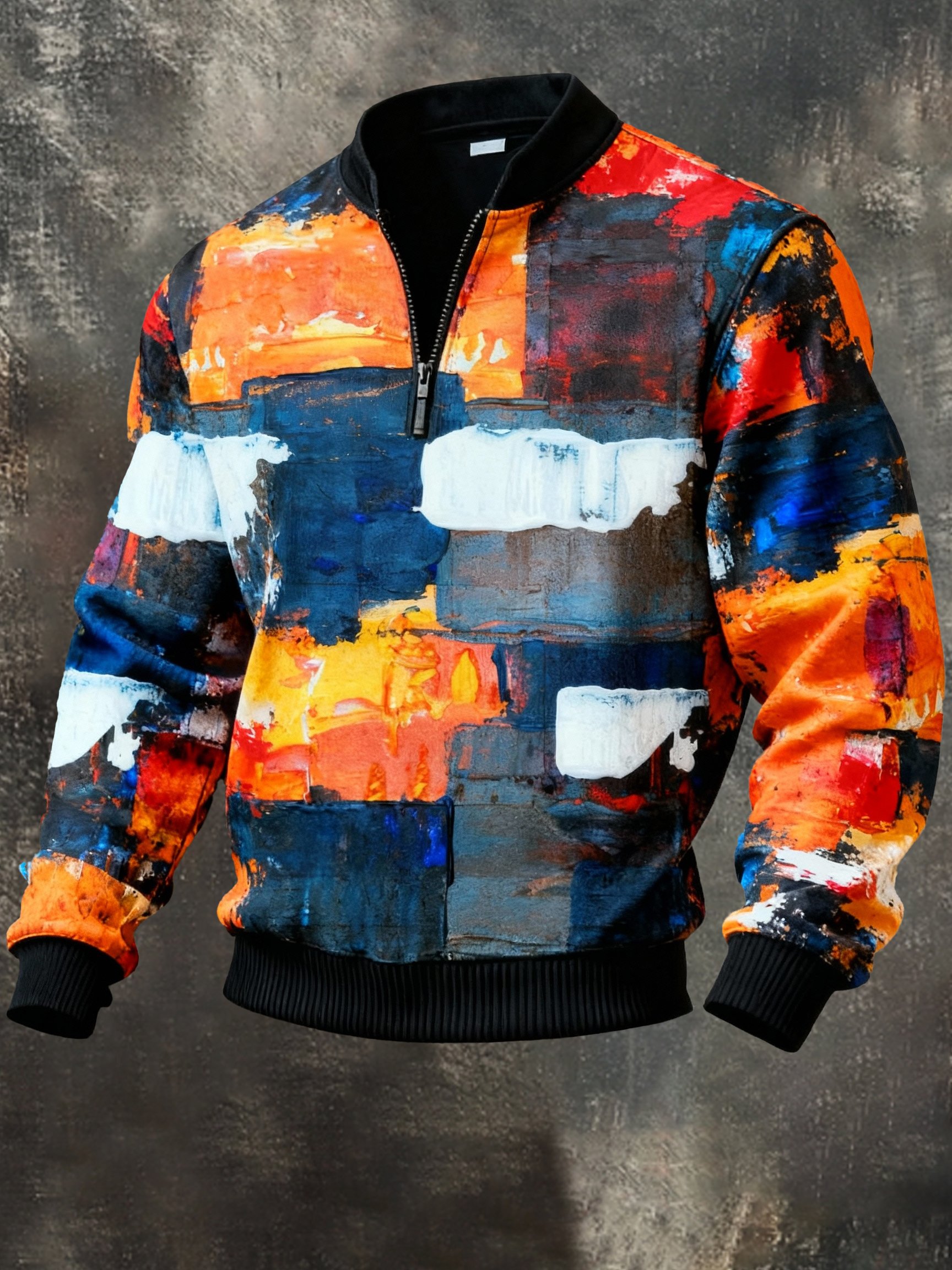 Sudadera casual retro Contrast Color Half Zip Stand cuello de manga larga para hombre