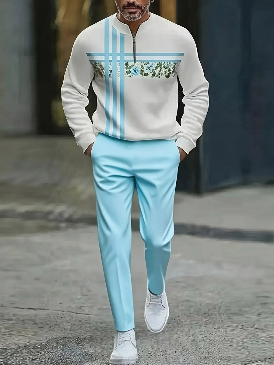 Conjunto de dos piezas casual Blue & White Color Matching Geometric estampado Round-Neck Zipper de manga larga sudadera & Trousers para hombre