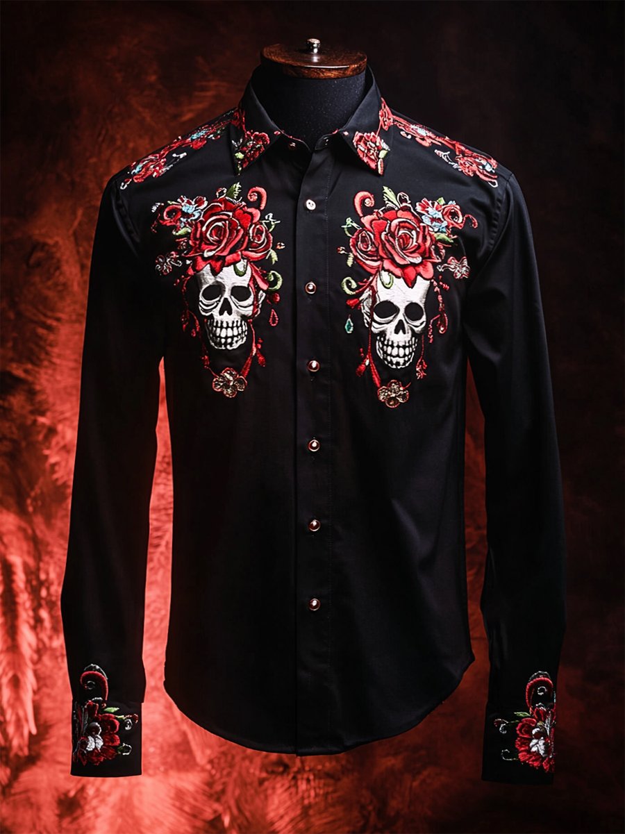 Camisa retro casual Skull estampado de manga larga para hombre
