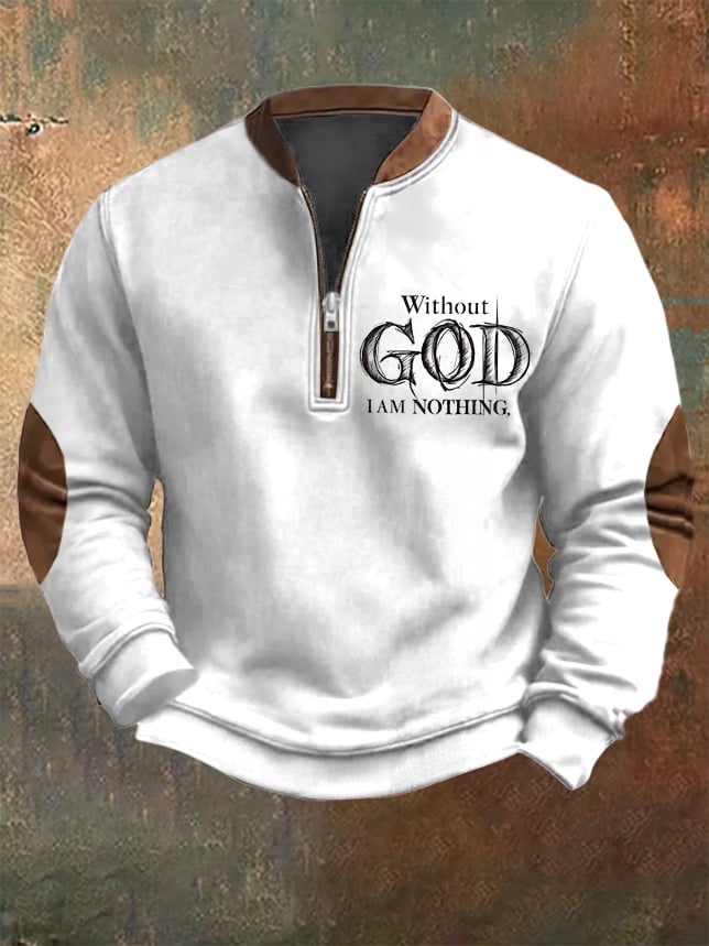 Sudadera vintage Faith "Without God I Am Nothing," estampado Zip cuello para hombre