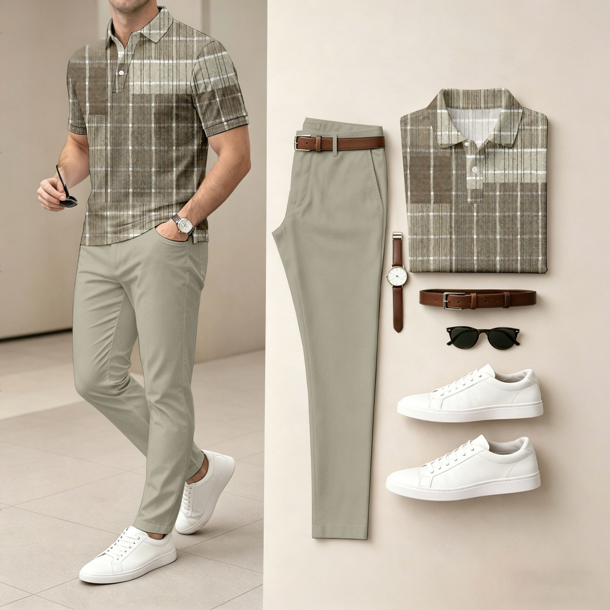 Conjunto de dos piezas casual Light Gray a cuadros estampado camisa polo And pantalón para hombre