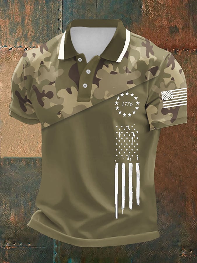 Camisa polo vintage camuflaje Flag estampado para hombre