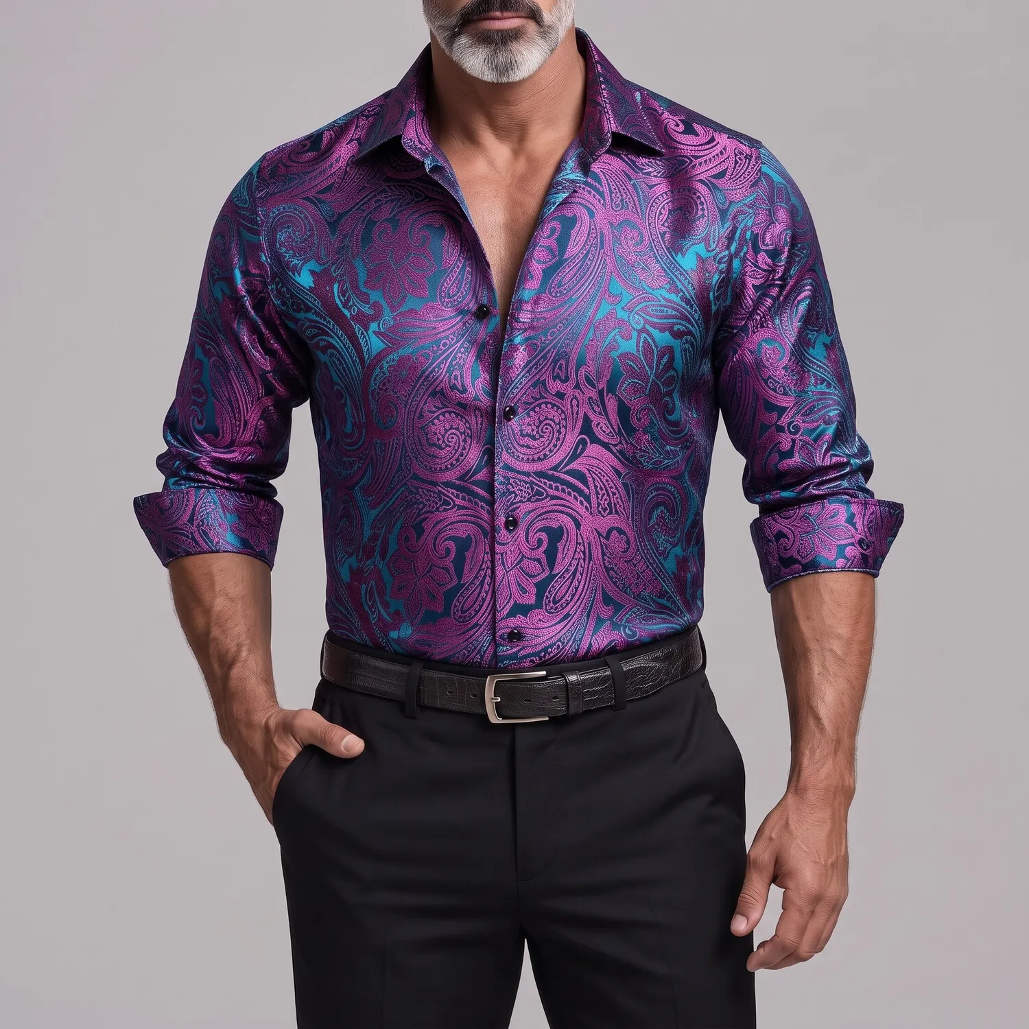 para hombre vintage Paisley floral Print Button Up de corte entallado de manga larga camisa