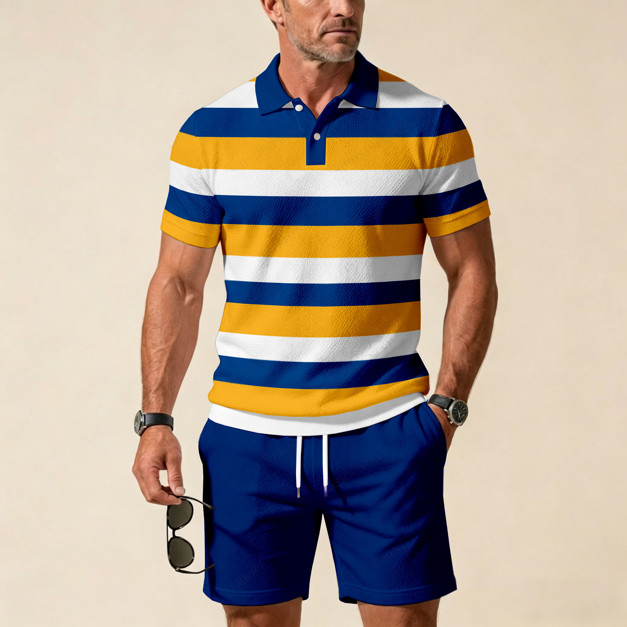 Conjunto de dos piezas casual Color Matching estampado de manga corta Zipper camisa polo & shorts para hombre
