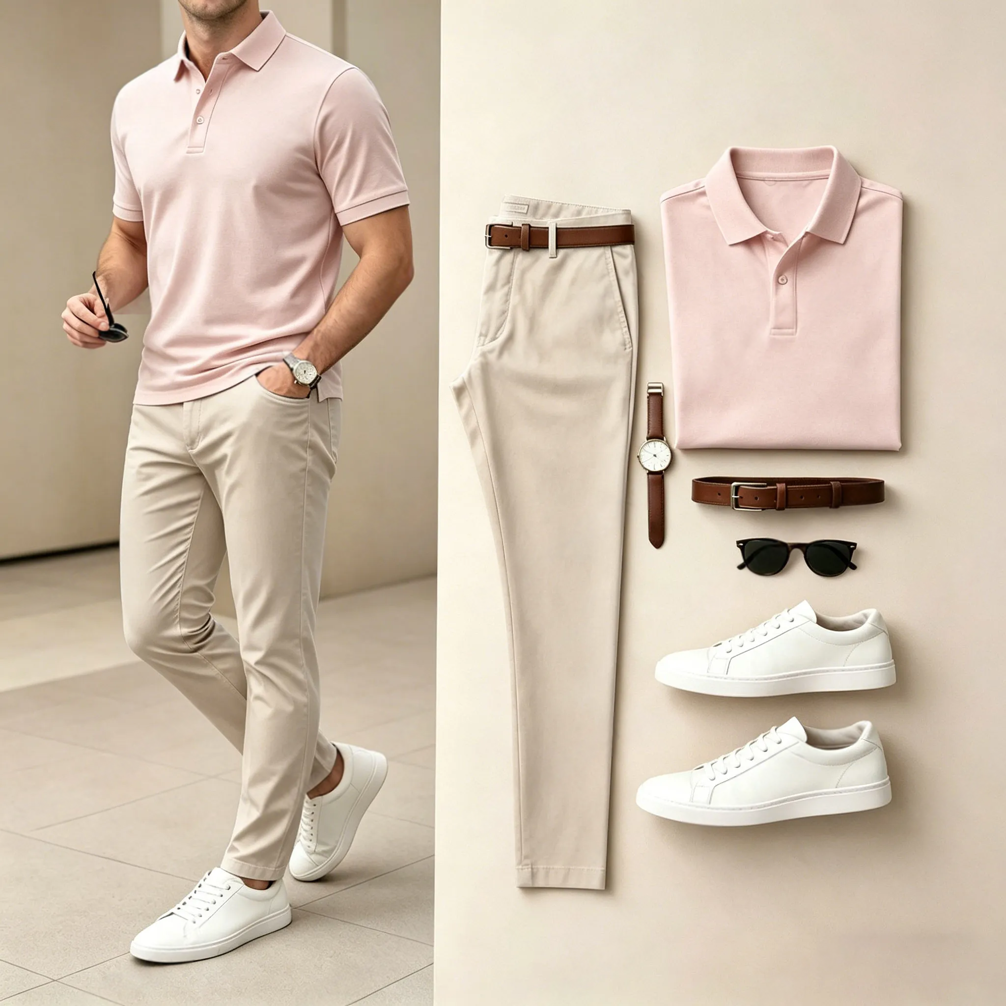Conjunto de dos piezas casual Pink estampado camisa polo And pantalón para hombre