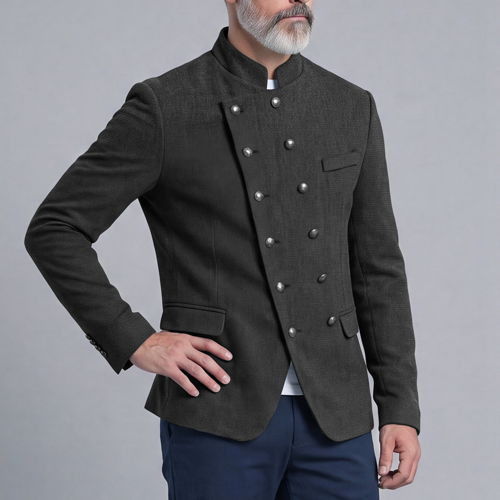 Double-Breasted Slim-Fit Stand-Up Collar Suit with Diagonal Placket para hombre