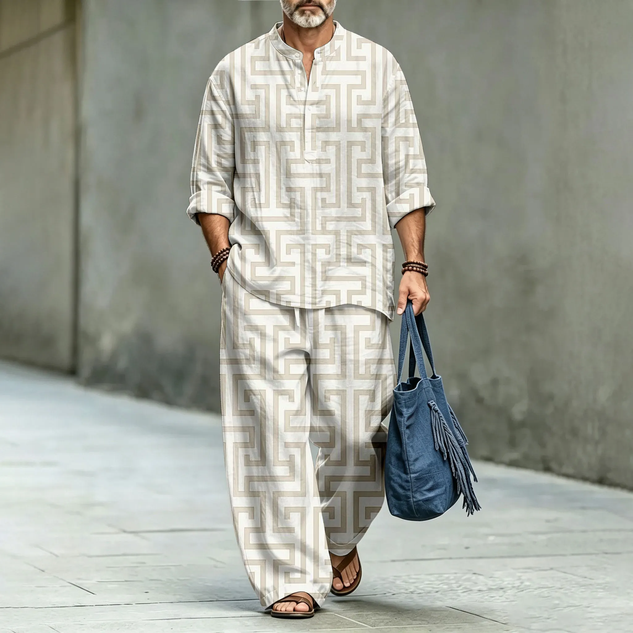 para hombre Two-Piece Suit Set with Stand-Up Collar camisa polo and Long pantalón, Featuring a Swastika Pattern