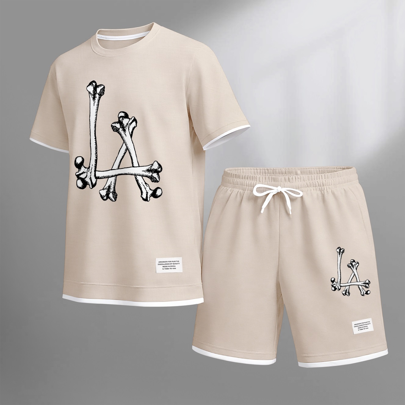 Camisa Streetwear Skeleton estampado Waffle Fabric de manga corta And shorts Set para hombre