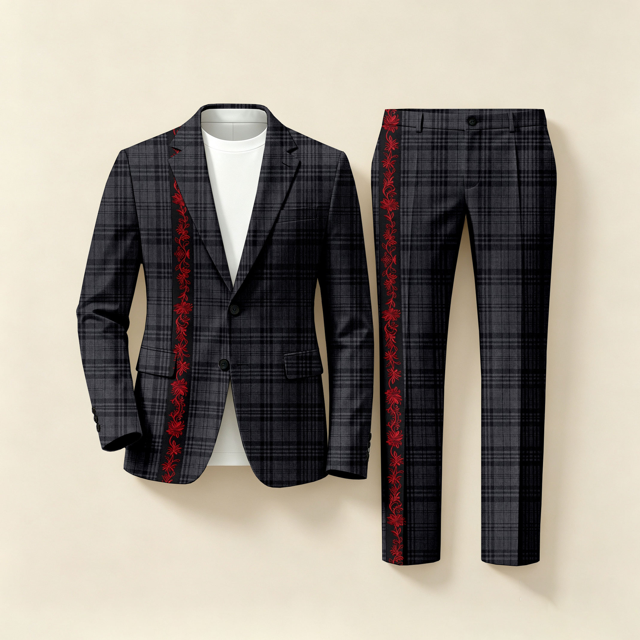 para hombre ejecutivo Checkered de manga larga camisa and Trousers Two-Piece Suit