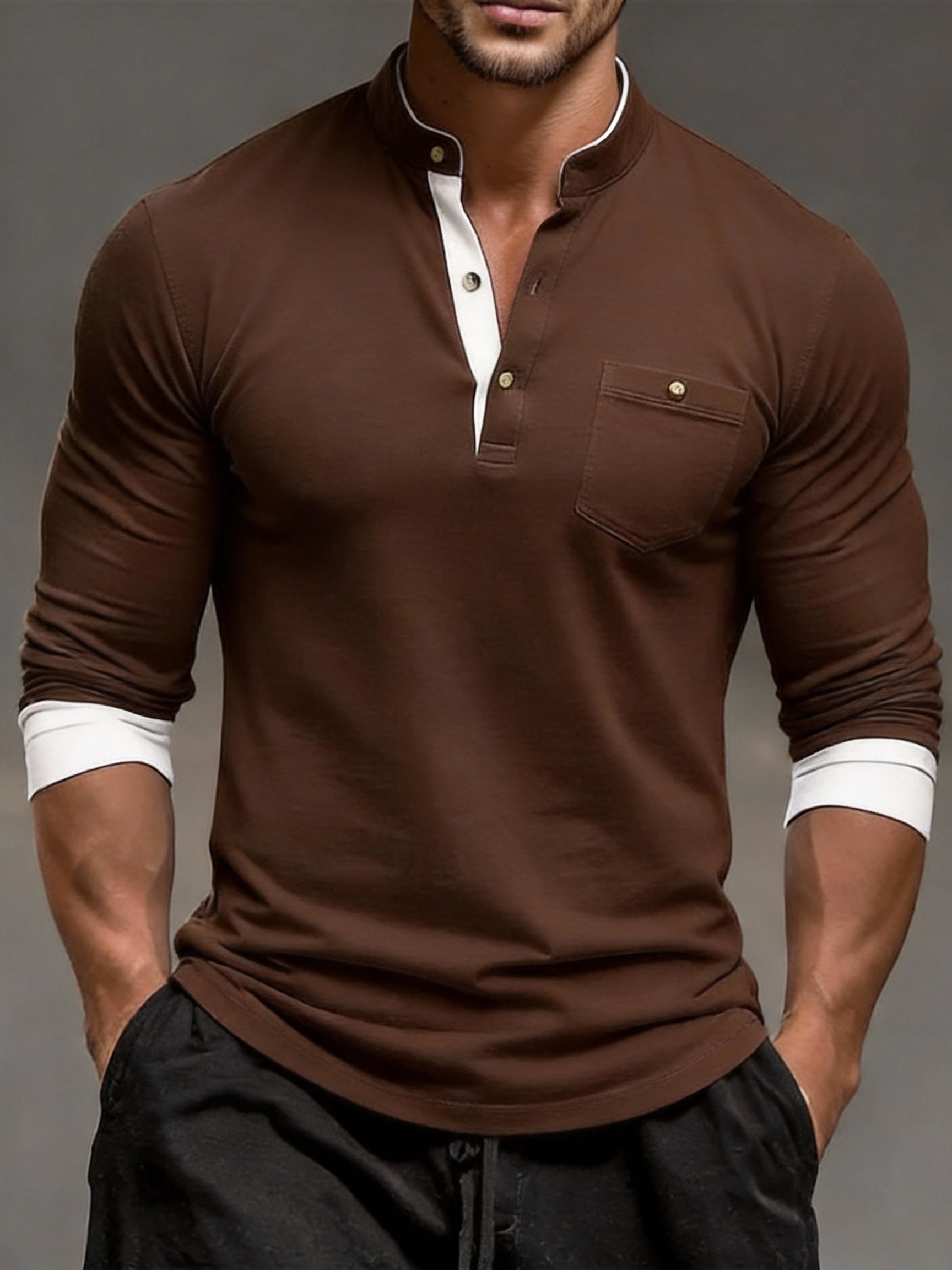 Camiseta vintage Comfortable de manga larga Henley para hombre