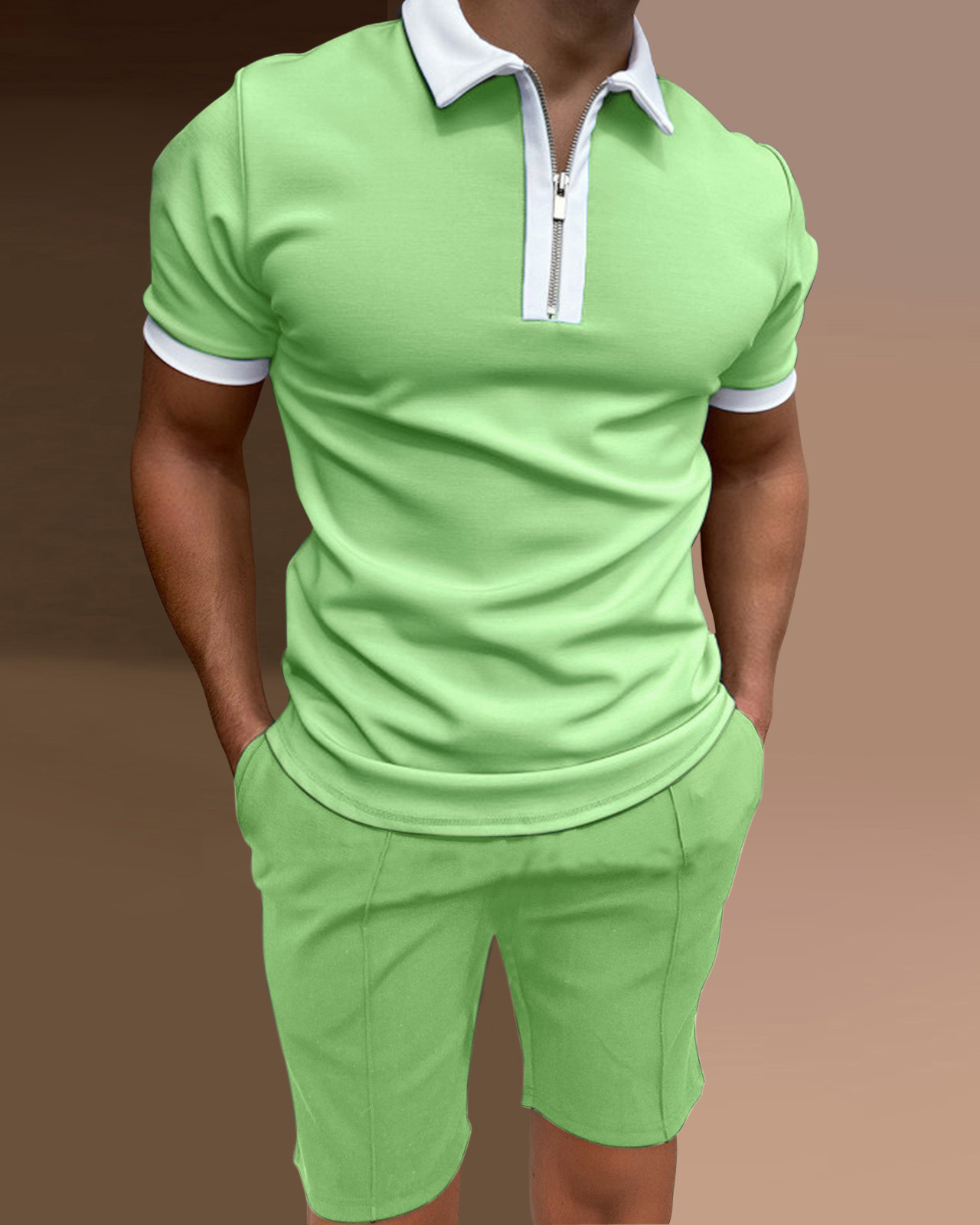 Conjunto de dos piezas camisa polo casual de color sólido para hombre