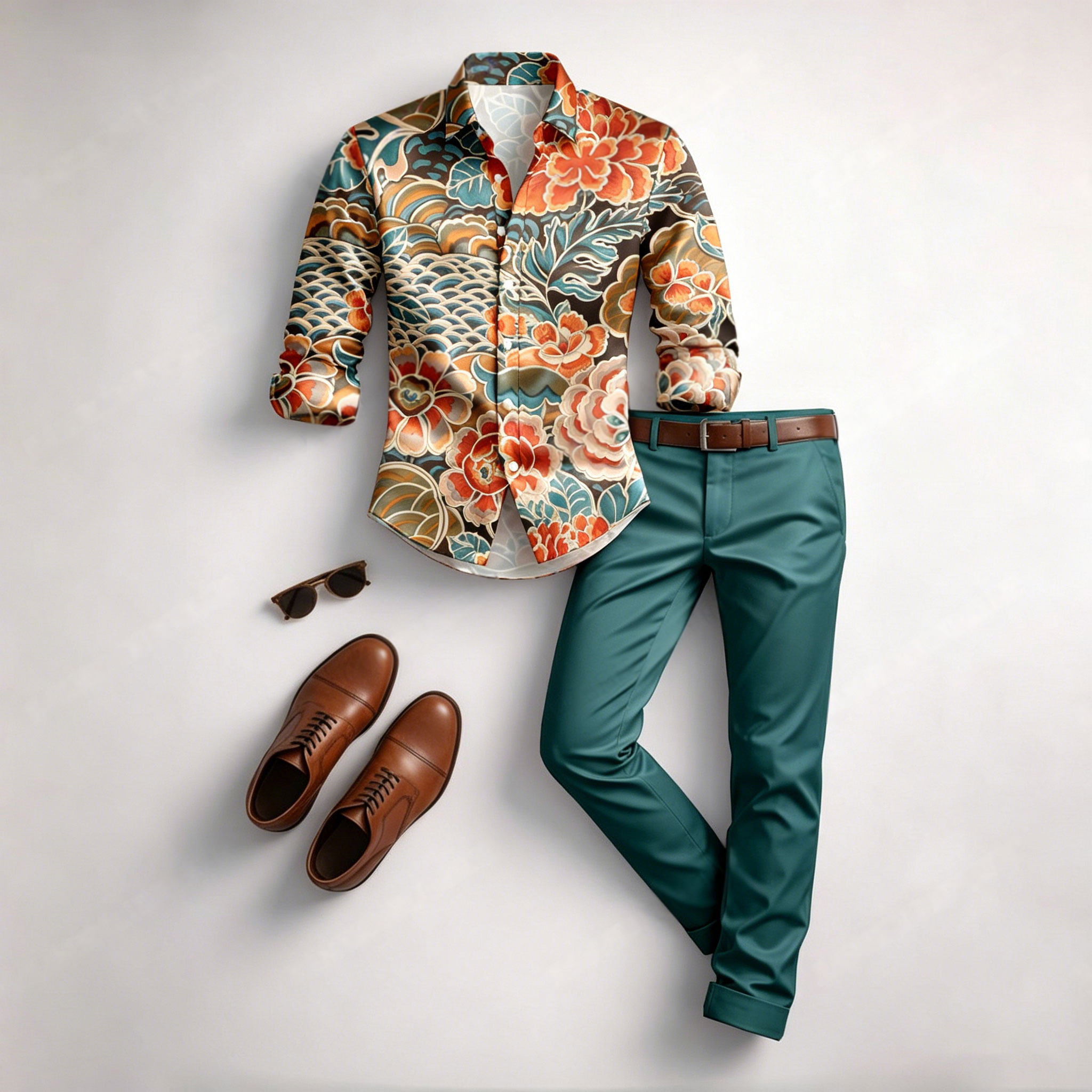 Conjunto de dos piezas casual Orange Color Matching Geometric estampado de manga larga camisa & Trousers para hombre