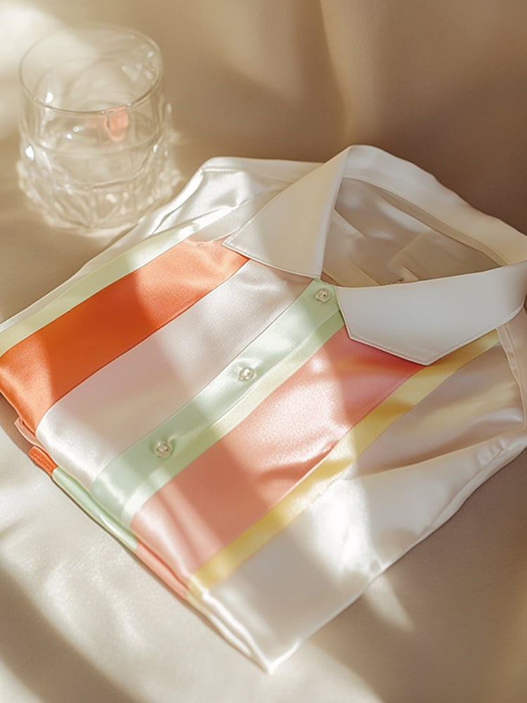 Camisa ejecutivo casual a rayas en bloques de color solapa de manga corta para hombre