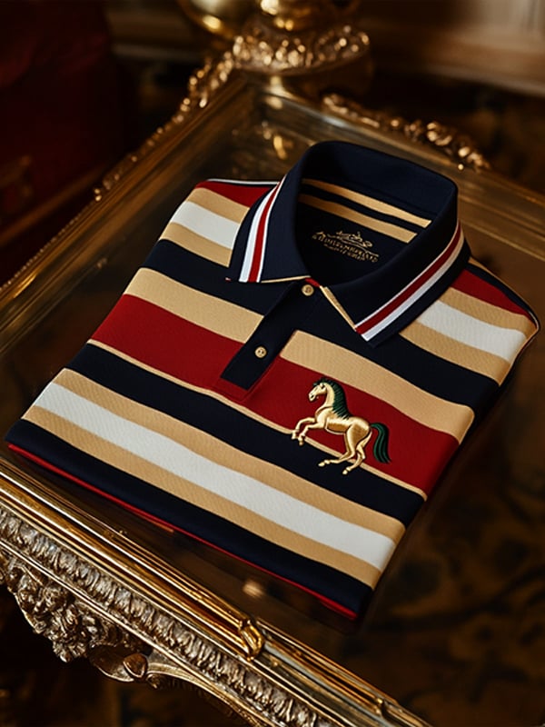 para hombre vintage ejecutivo Horse Logo Stripe Print de manga larga camisa polo