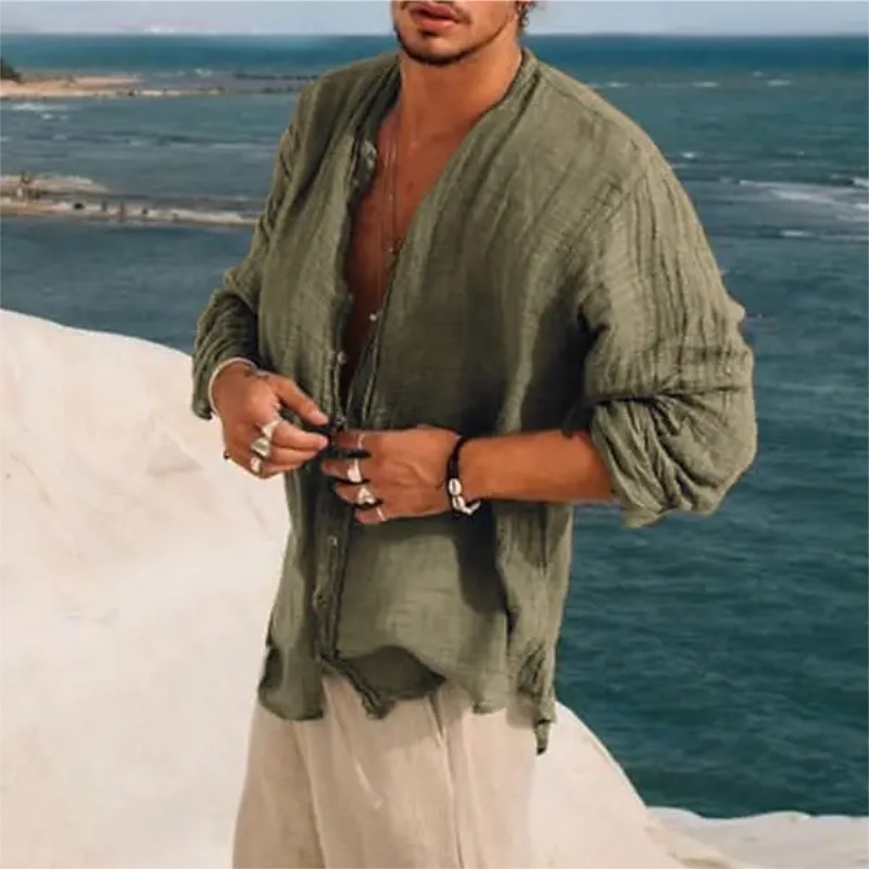 Camisa de lino Band cuello camisa Summer camisa Beach Wear Button Up camisa Plain Vacation casual Black Green Khaki Gray de manga larga Stand cuello Summer Spring Clothing Apparel para hombre - vista 2
