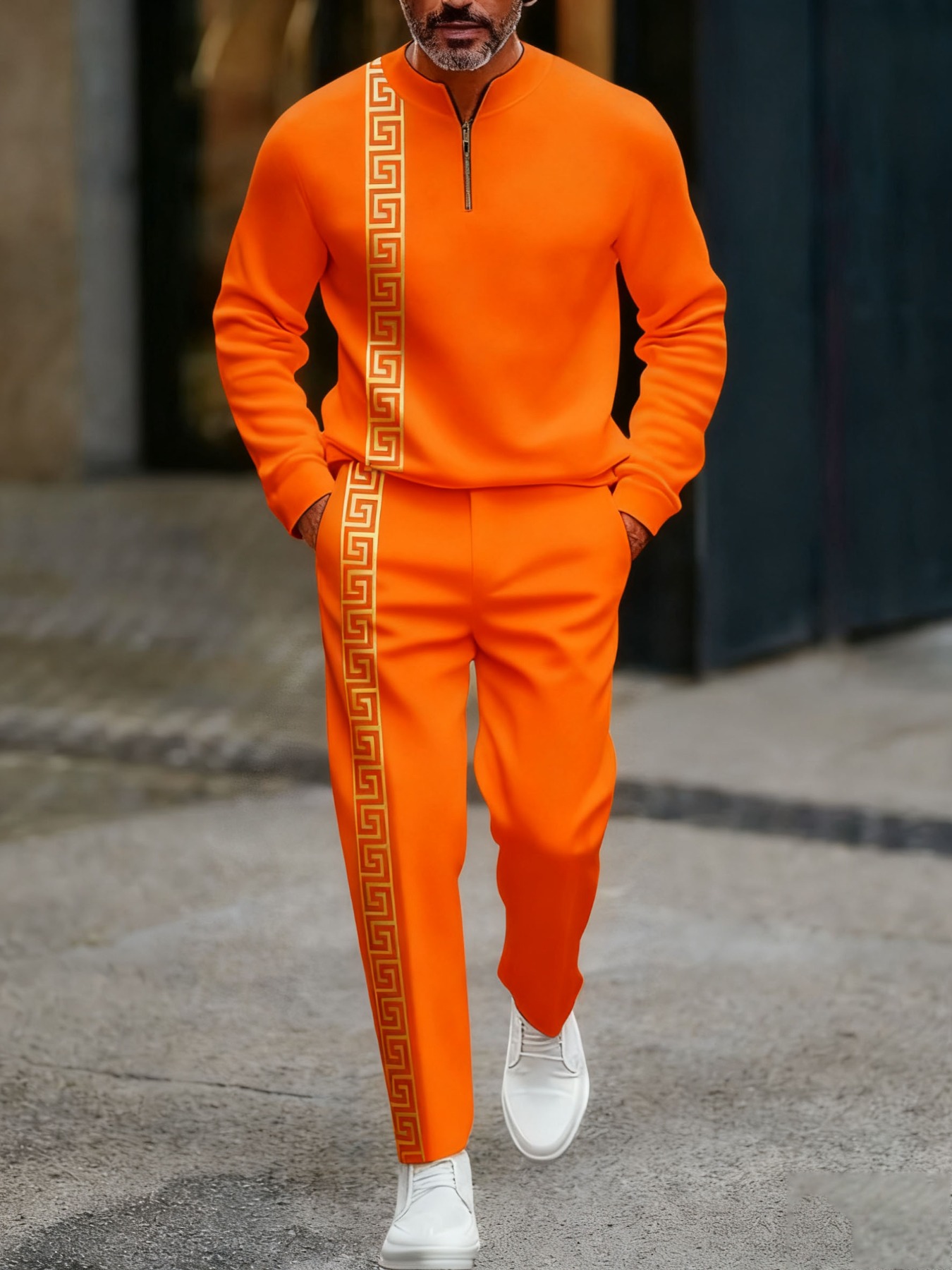 Conjunto de dos piezas casual Orange & Gold Color Matching Geometric estampado Round-Neck Zipper de manga larga sudadera & Trousers para hombre