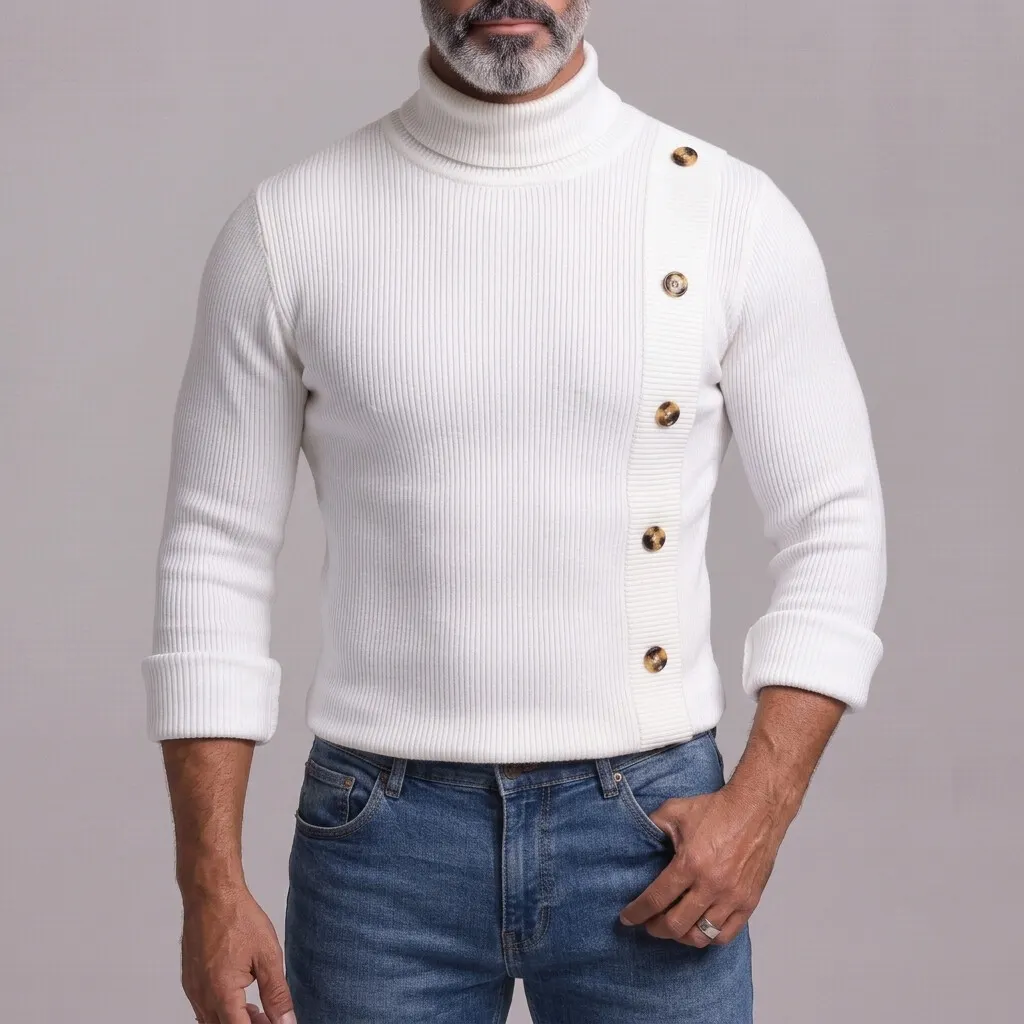 para hombre White Ribbed tejidoted Turtleneck Asymmetric Button Slim-Fit de manga larga camiseta