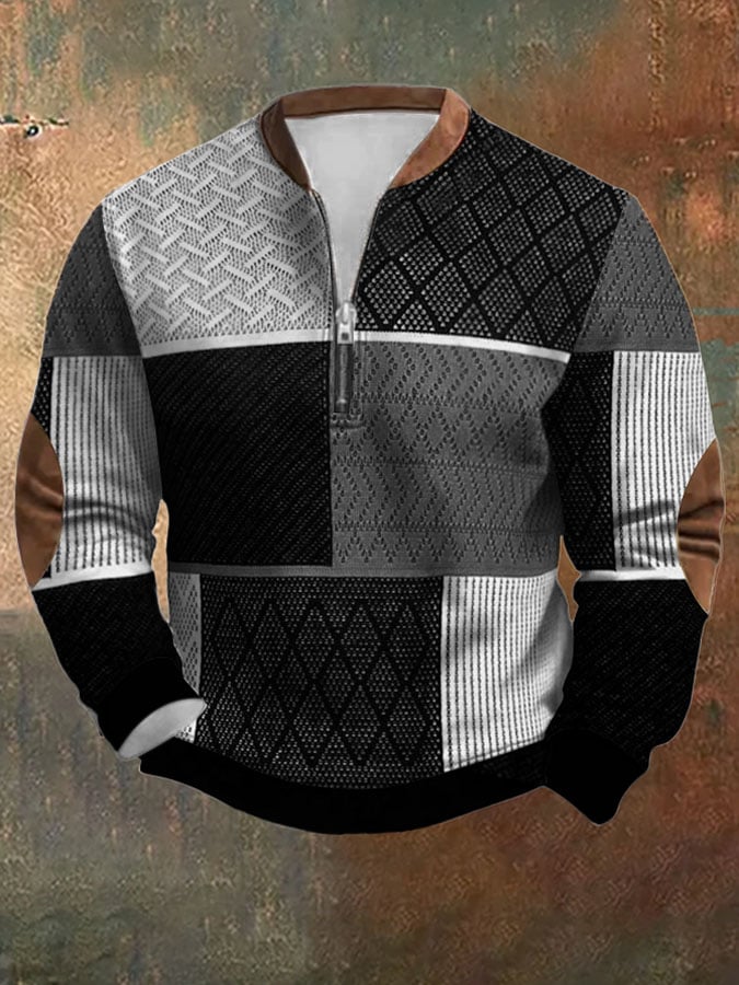 Sudadera retro Western texturizado estampado Zip cuello para hombre