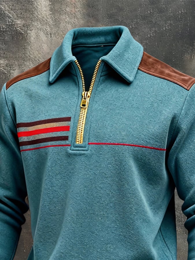 Sudadera retro en bloques de color estampado Color-Blocked con cierre para hombre
