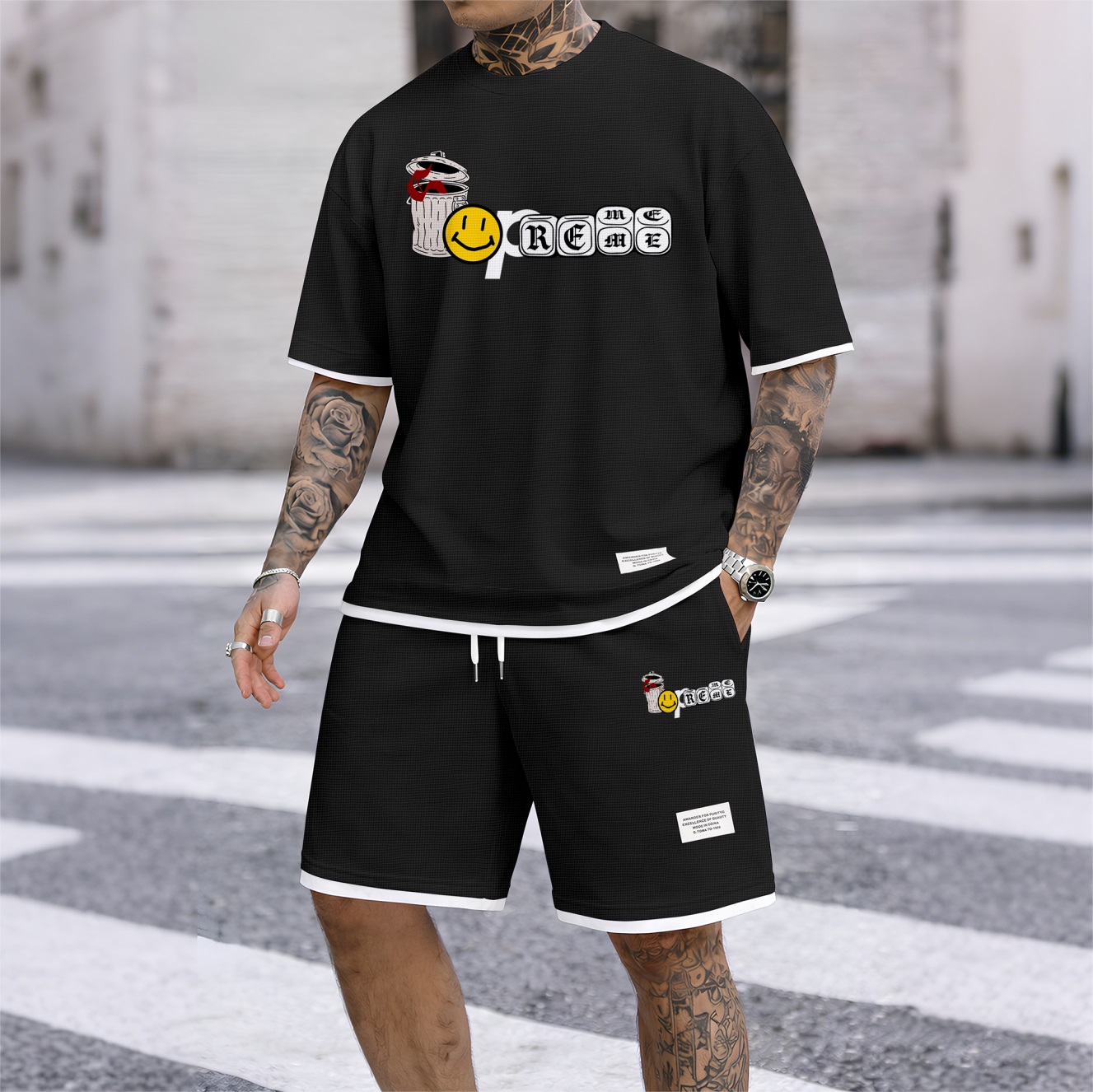 Camisa Graffiti Collage Design estampado Waffle Fabric de manga corta And shorts Set para hombre