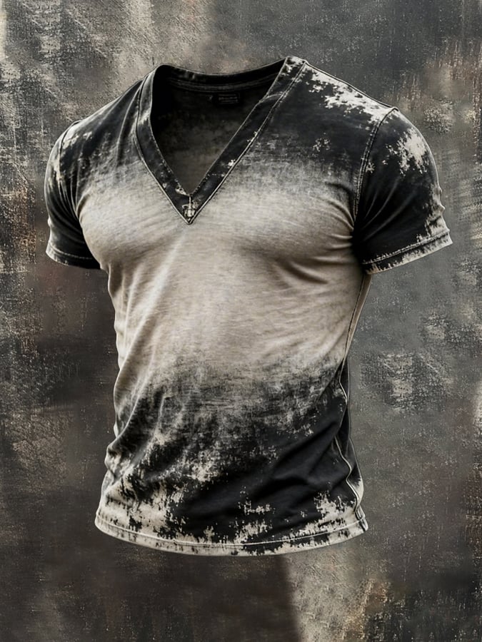 para hombre retro Distressed en bloques de color V-Neck de manga corta Top