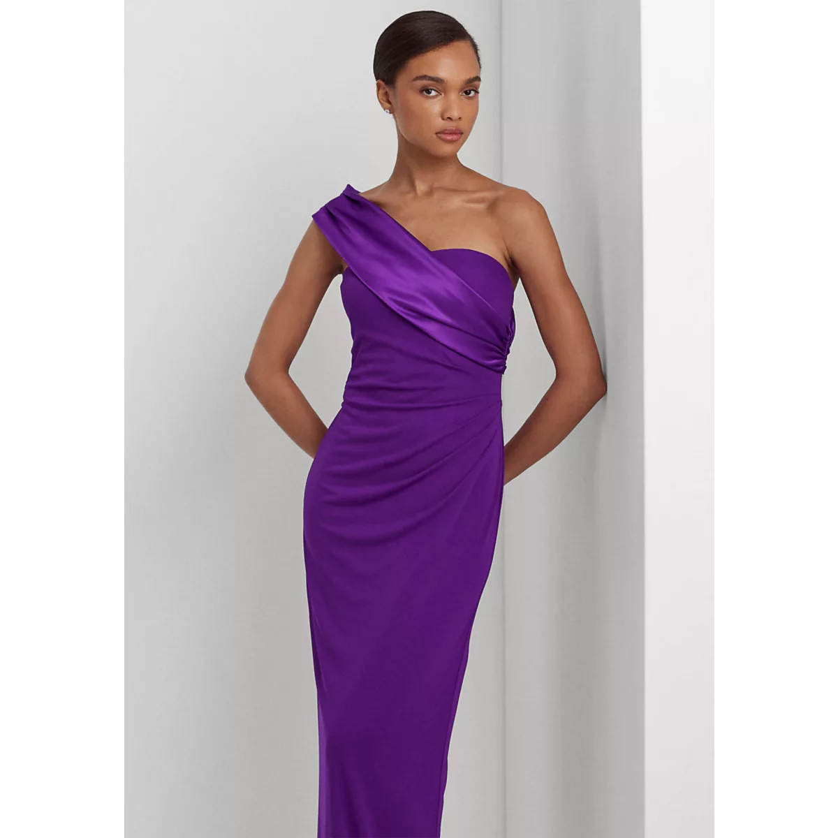 Satin Trim Jersey One Shoulder Gown - 4