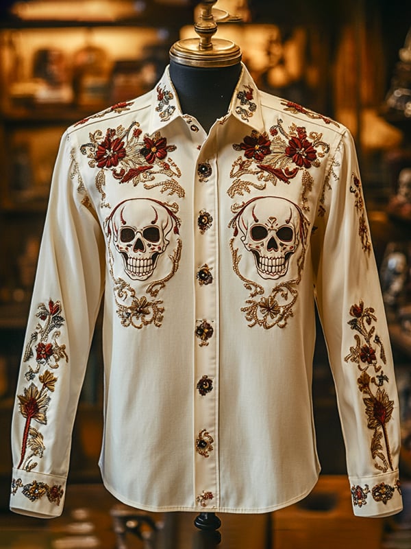 Camisa retro casual Skull estampado de manga larga para hombre