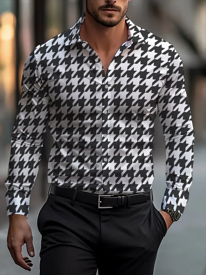 Camisa retro Houndstooth diseño de moda de manga larga solapa para hombre