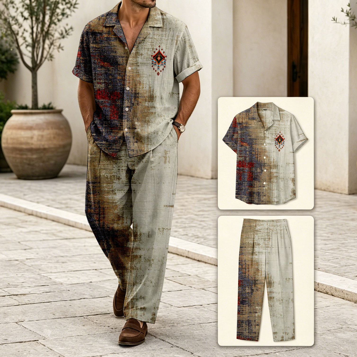 Conjunto de dos piezas Black & Gray casual Color-Blocked Geometric estampado de manga corta camisa And Trousers para hombre