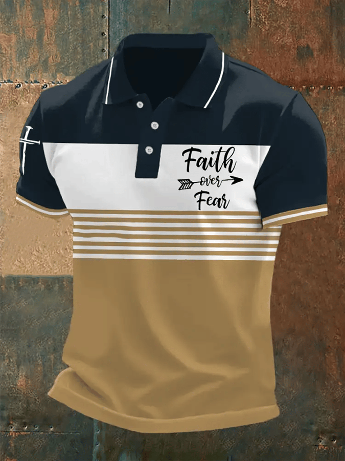 Camisa polo retro Faith “Faith Over Fear�? casual estampado para hombre