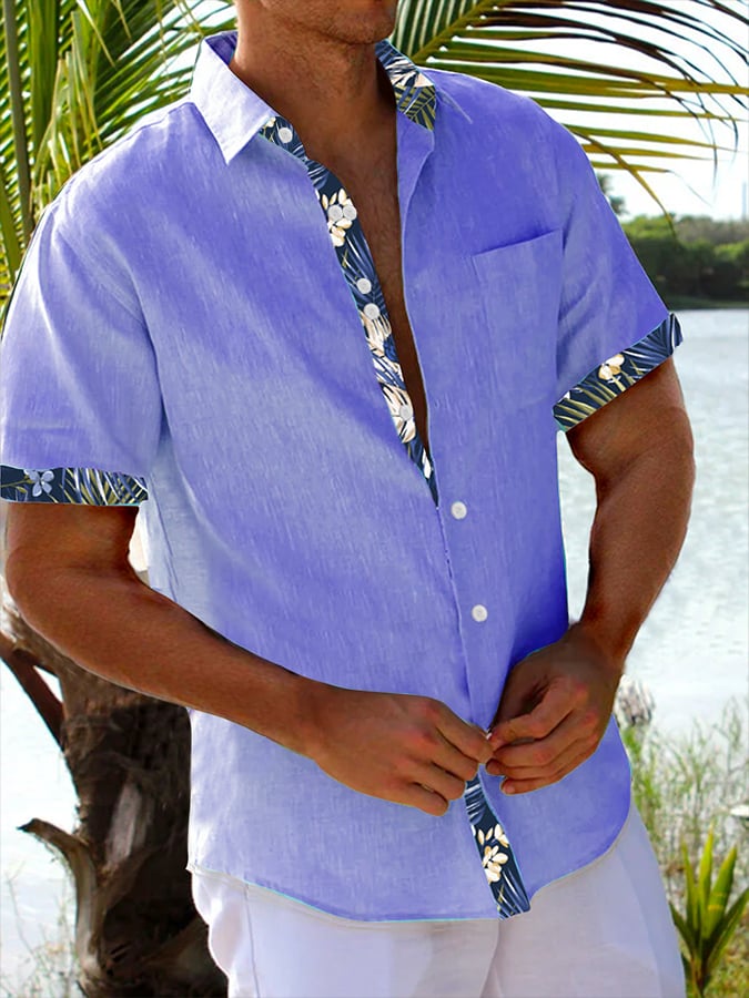 Camisa Resort Style Contrast estampado casual de manga corta para hombre