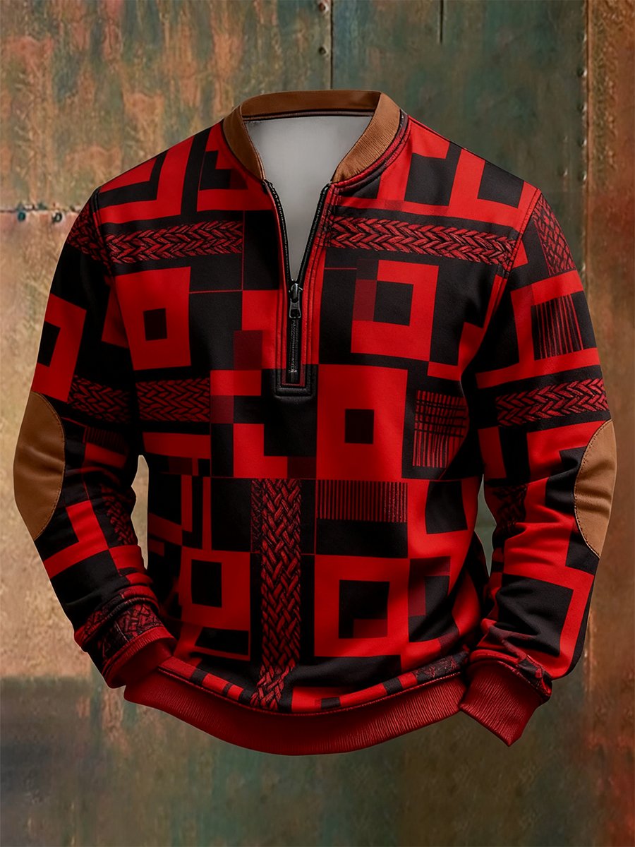 Sudadera retro Bauhaus geométrico Style estampado Quarter Zip para hombre