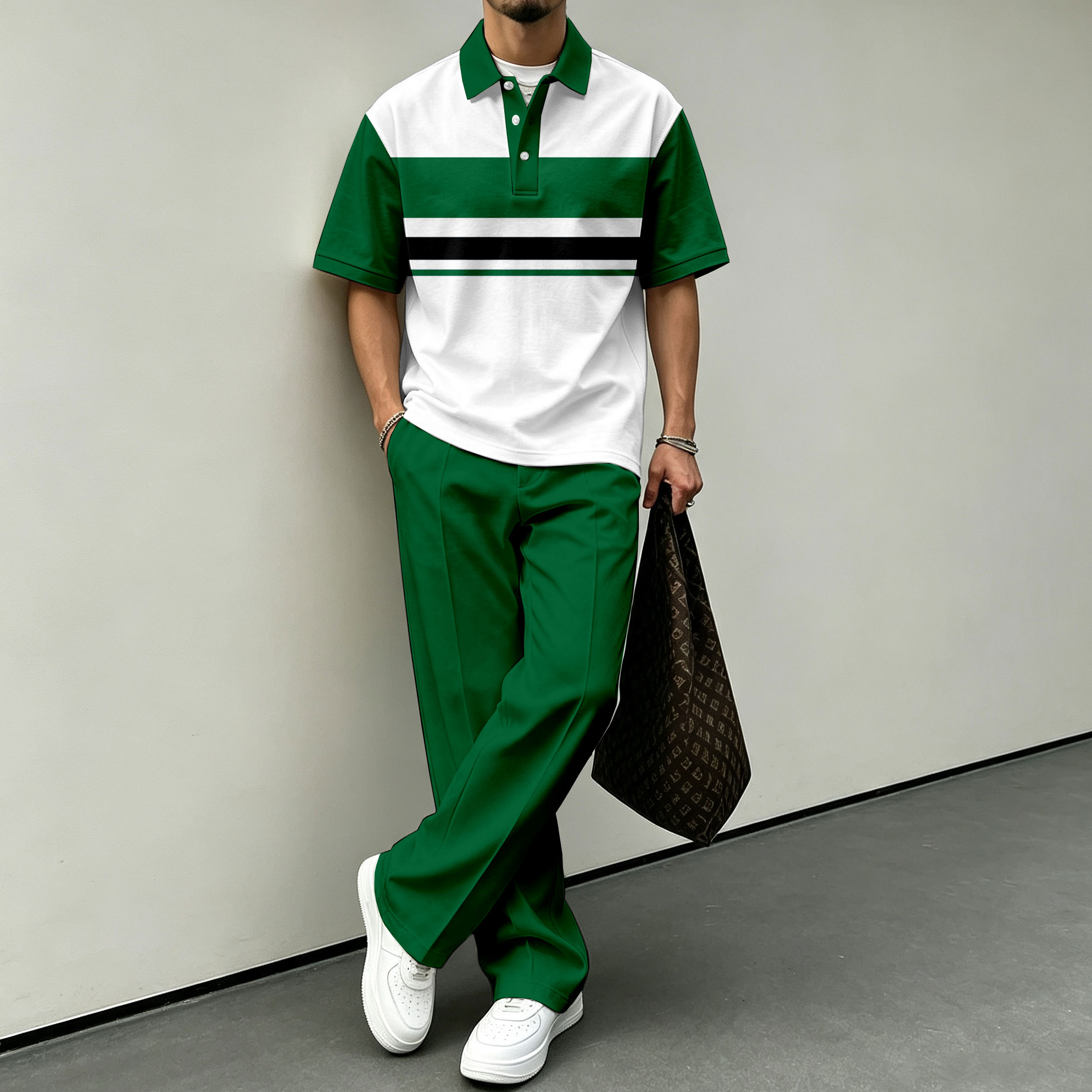para hombre Color-Blocked de manga corta camisa polo and pantalón Set