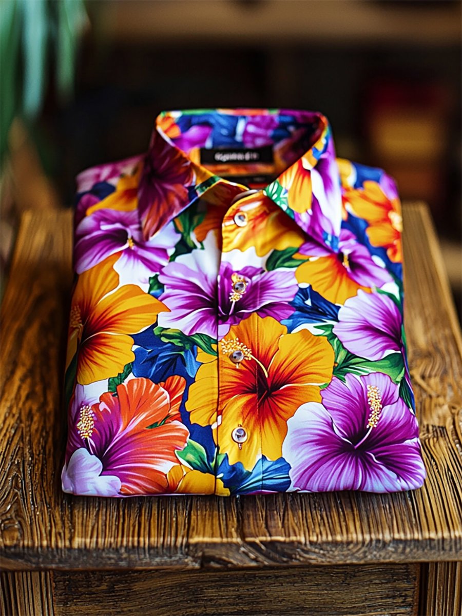 Camisa satén Luxe hawaiano estampado de manga corta Button para hombre