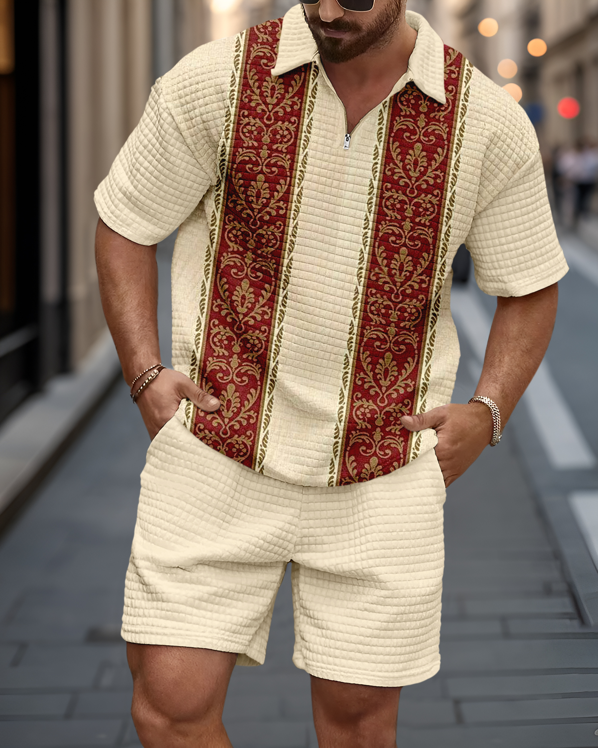 Casual Art estampado Waffle Texture Summer Polo Set 060 para hombre