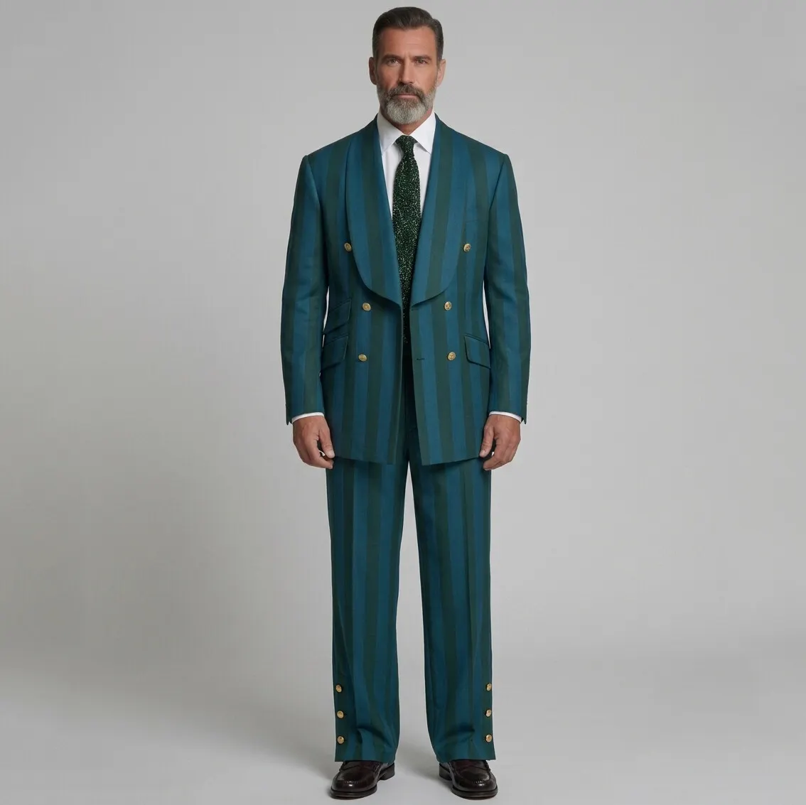 para hombre Teal Contrast a rayas Print Double-Breasted Shawl Lapel Party saco