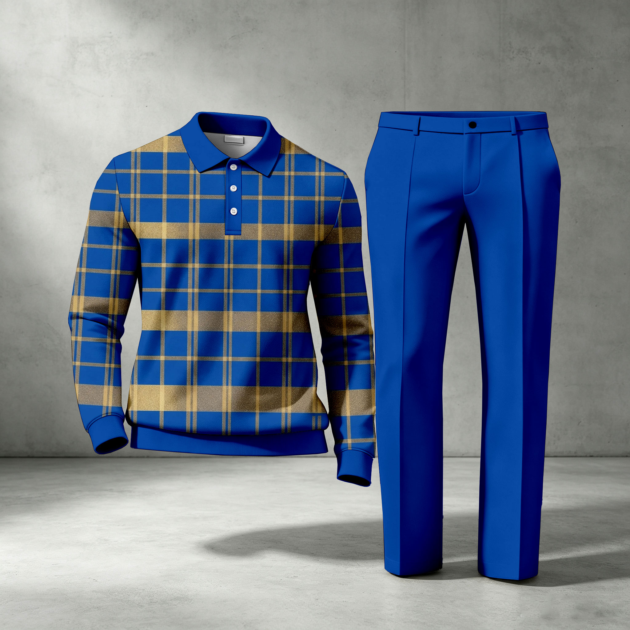 para hombre Checkered de manga larga camisa polo and pantalón conjunto de dos piezas