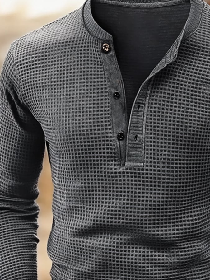 Camiseta vintage Waffle Color Patch Henley Neck para hombre